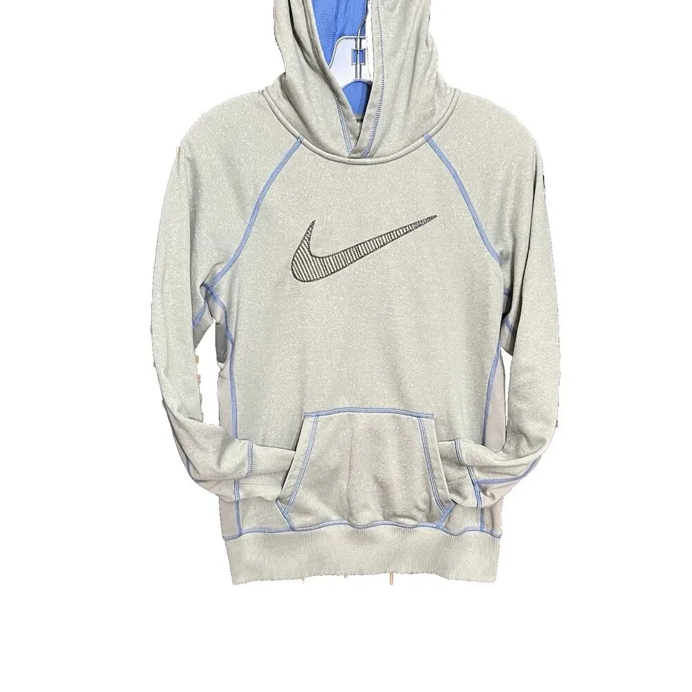 Nike Dri-Fit Womens Grey / Blue Swoosh Hoodie Pullover Sweatshirt Activewear Sm